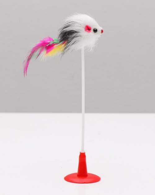 Дразнилка "Мышь цветная с перьями" 20 см на металлической пружинке на присоске